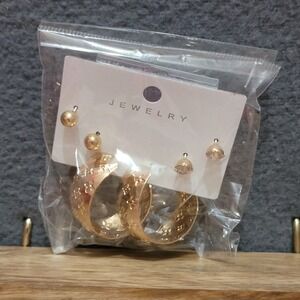 Gold Tone Clover Hoop Stud Earring Set Women's Jewelry Accessories 3 Pair